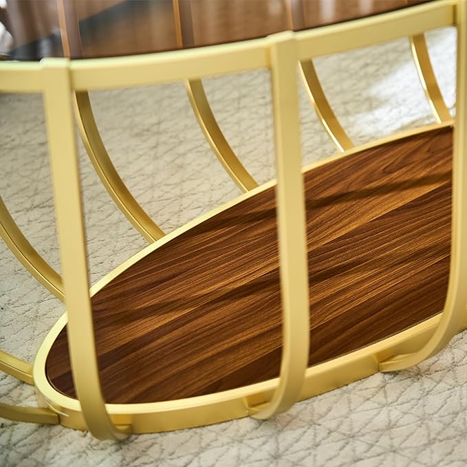 Saint Mossi Mid Century Modern Coffee Table, Glass Oavl Center Table for Living Room, Brown Glass Top and Walnut Shelf with Gold Finish Legs, D42xW23xH16