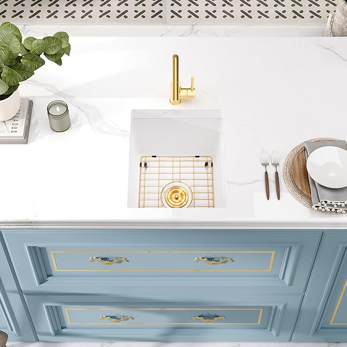 Rhbamoa White Bar Sink Undermount,White Granite Composite Kitchen Sink 18 inch,Small Bar Sinks Undermount,18''x14'' Small Single Bowl Quartz Sinks with Accessories