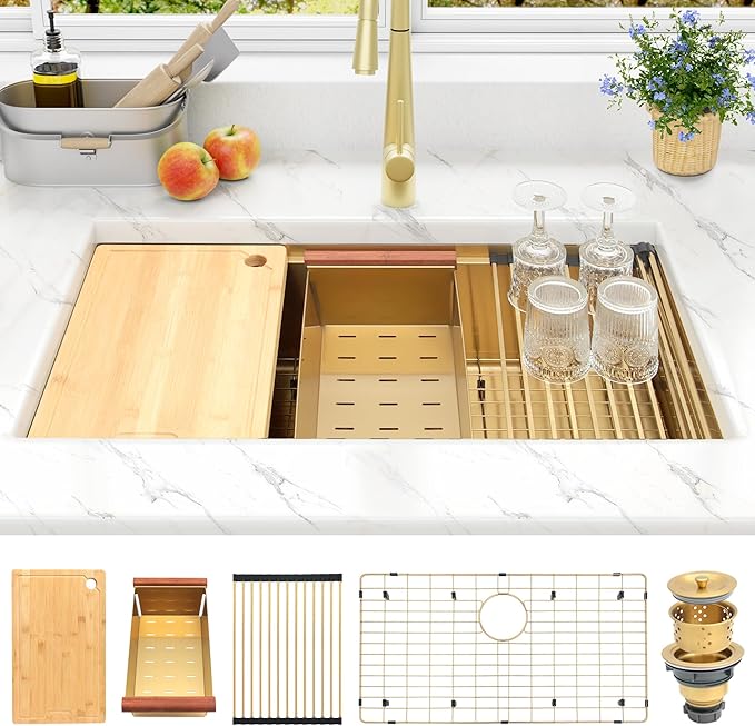 Kitsitchen Gold Kitchen Sink, 32 Inch Gold Undermount Kitchen Sink, 16 Gauge Stainless Steel Undermount Kitchen Sink,10 Inch Deep Single Bowl Kitchen Sinks with Practical Accessories, R10 Round Corner