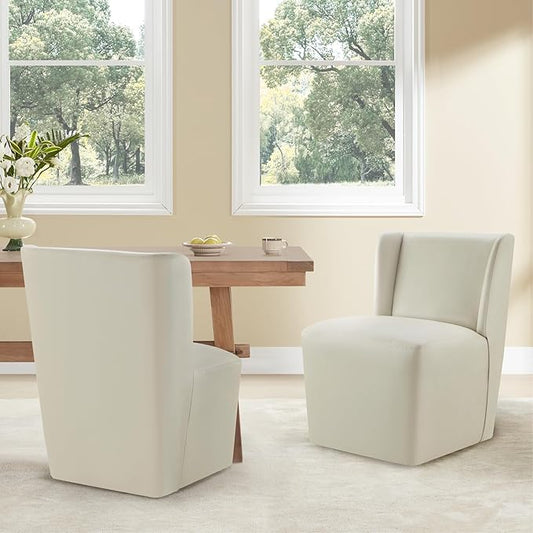 KISLOT Upholstered Dining Chairs Set of 2 with Casters, Wingback Modern Side Armless Deskchair with Rollers for Diningroom Bedroom Livingroom Reading Room, Cream Faux Leather