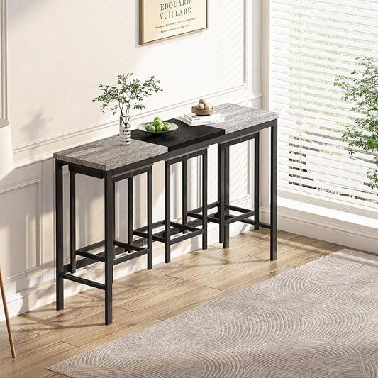 4 Piece Modern Design Kitchen Dining Table,1 Bar Table and Small Kitchen Table Set for 3,Wooden Counter Height Table Set for Kitchen,Convenient Hanging Stool Design,Dining Room Island Table (Grey)