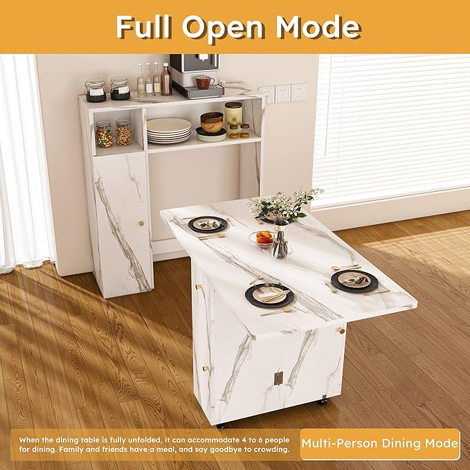 Multifunctional Convertible Folding Dining Table with Integrated Sideboard Storage Cabinet Power Outlets USB Ports Drop Leaf Expandable Rolling Kitchen Island Workspace Console Desk Hutch (White)
