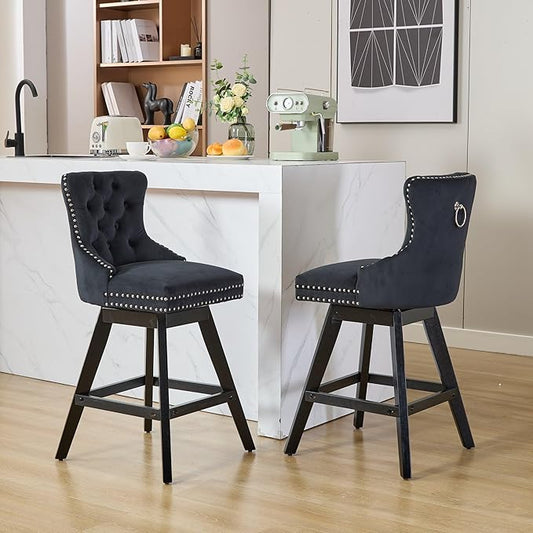 DONICK Velvet Swivel Counter Height Bar Stools,Modern Upholstered Bar Chairs Nailhead Backrest Pull Ring Solid Wood for Bar,Kitchen Island,Pub,Dining Room,Cafe(Black,Set of 2)
