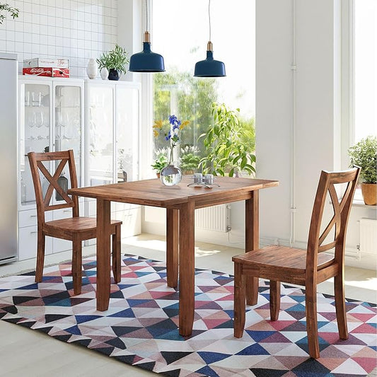 3-Piece Farmhouse Dining Table Set, Wood Drop Leaf Breakfast Nook Dining Table Set with 2 X-Back Chairs for Small Places (Brown+Drop Leaf*)
