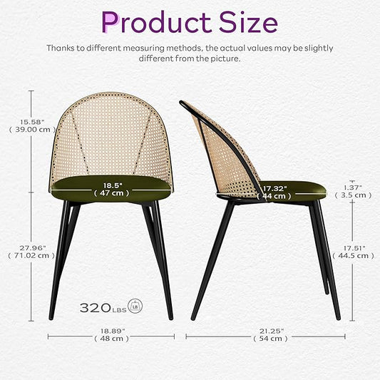 TYBOATLE Green Rattan Dinner Chairs Set of 4 with Faux Leather Cushion, Modern Dining Room Chairs w/Adjustable Foot Pads, Kitchen Boho Mid Century Upholstered
