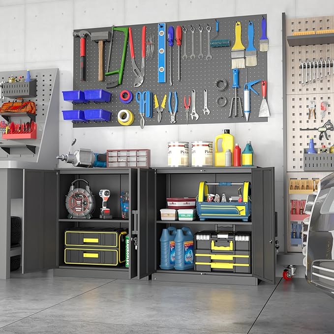 IRONFFICE Metal Wall Cabinet,Garage Wall Cabinet with Handle,Lockable Storage Cabinets Wall Mounted with 2 Doors,Locking Cabinet with Shelves for Basement,Living Home,Black
