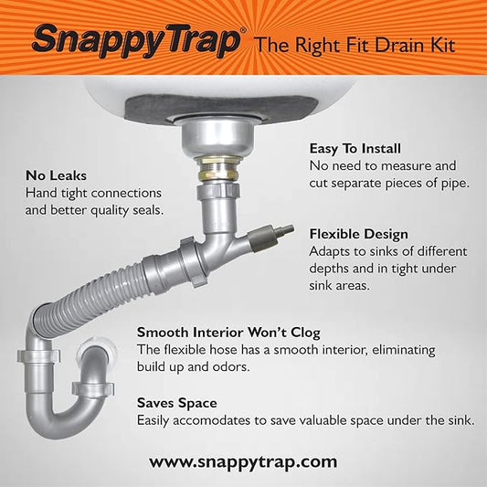 Snappy Trap Single Kitchen Sink Drain Kit, 1-1/2" with Flexible P-Trap, All-in-One Drain Kit for Single Bowl Kitchen Sinks, Universal Compatibility, No-Tool Easy Installation (DK-100 Silver)