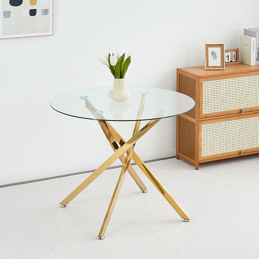 Round Glass Dining Table,Glass Dining Room Table with Metal Legs, Modern Glass Kitchen Table for Home, Kitchen, Dining Room