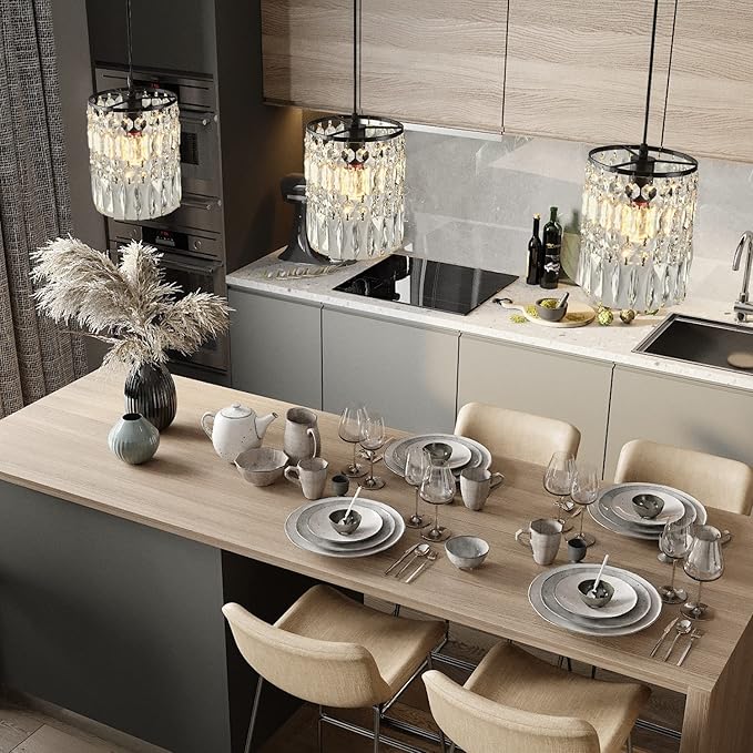 1-Light Crystal Pendant Lighting Modern Black Chandelier for Bedroom Adjustable Kitchen Island Lighting Unique Ceiling Lights Fixtures for Living Room Entrance Hallway