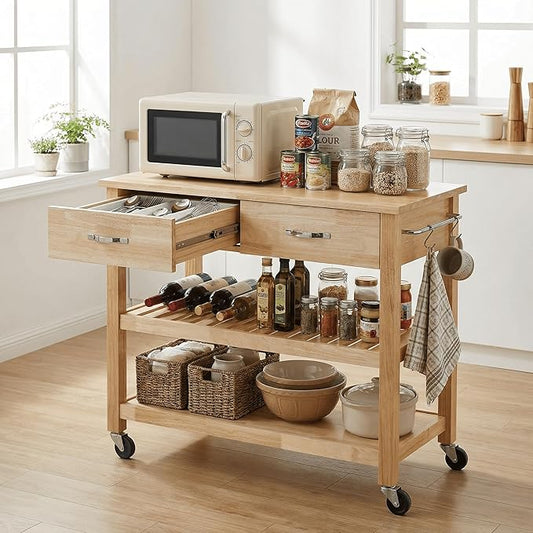 Casaphoria Amanda Collection Solid Wood Kitchen Island, 42" Butcher Block Cart with Rubberwood Top & Locable Wheels, Prep Table for Small Spaces (Natural)
