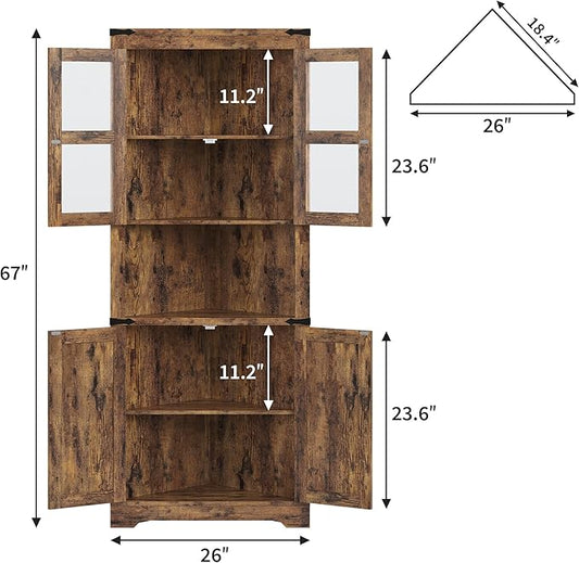 GarveeHome 67" Tall Corner Storage Cabinet, Farmhouse Corner Hutch Display Cabinet with Glass Doors, Wooden Storage Organizer for Kitchen, Living Room, Bathroom, Brown