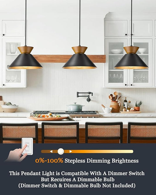 ELYONA Modern Pendant Light Kitchen Island, 10" Solid Wood Hanging Lamp with Matte Black Metal Shade & Gold Inner Finish, Farmhouse Pendant Light Fixtures for Dining Room Bedroom Living Room Hallway