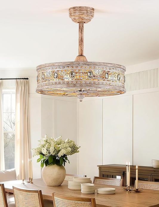 Farmhouse Chandelier Ceiling Fan with Light,Rustic Distressed Wood-Look Caged Bladeless Fandelier,Country Cottage Crystal Drum Light Fixture,Hanging/Flush Mount for Bedroom,Dining Room,Kitchen Island