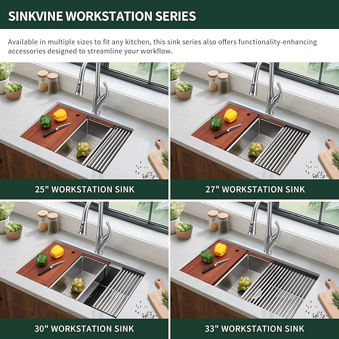 Undermount Kitchen Bar Sink 14 x 19 Inch, SINKVINE Workstation Prep Sink for Outdoor RV, Stainless Steel Single Bowl Basin with Drain Strainer, Bottom Grid, Wood Cutting Board and Roll-up Drying Unit