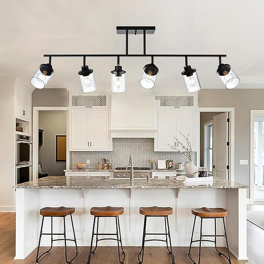 6-Light Track Lighting Kit Directional Bathoom Lights Over Mirror Industrial Black Kitchen Track Lighting Fixtures Ceiling with 6 Rotatable Light Heads, Clear Glass Shade
