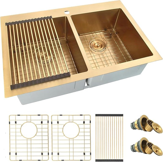 Gold Kitchen Sink,33 X 22 inch Drop in Kitchen Sinks Double Bowl,16 Gauge Stainless Steel 50/50 Double Sink,Top Mount/Drop In Double Kitchen Sink 33 inch