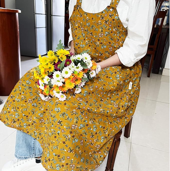 Cityelf Vintage Pinafore Apron Dress Snap Adjust Linen Cotton with Pockets Floral Aprons for Cooking Gardening
