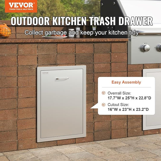 VEVOR Outdoor Kitchen Trash Drawer 17.7W x 25H x 22.8D Inch, Stainless Steel Trash Drawer with Handle and Pull-Out Tray, Outdoor Pull Out Kitchen BBQ Island, Trash Can NOT Included