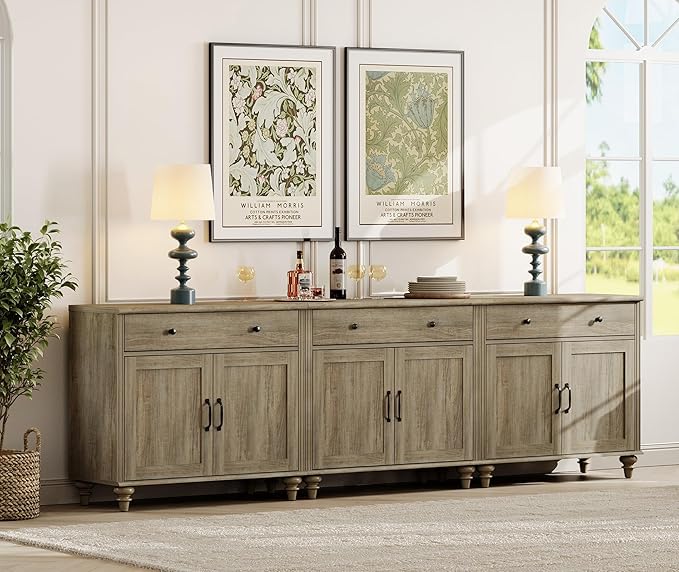 WAMAPT Buffet Cabinet with 6 Doors and 4 Drawers, Large Coffee Bar Table Wood Kitchen Storage Cabinets with Storage Cabinets, Modern Farmhouse Sideboard Credenza for Dining Room, Wash Grey, 101 inch