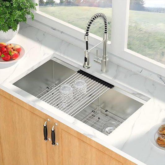 Mocoloo Double Bowl Kitchen Sinks - 50/50 Undermount Double Bowl 16 Gauge Low Divide Workstation 33 x 19 Inch Stainless Steel Sink Handmade, 10'' Deep Basin