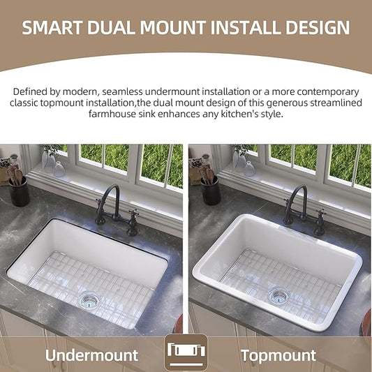 GETPRO White Undermount Kitchen Sink 32 inch Fireclay Farm Sink Drop in 32X19 Dual Mount Farmhouse Single Bowl Topmount Deep Basin with Accessory Easy to Clean for Bar, Kitchen, Laundry