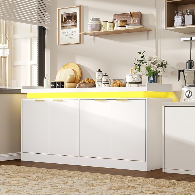 UNIQUITE 63" Sideboard Buffet Cabinet, Kitchen Buffet Cabinet Storage Cabinets with Power Outlets & LED Light, Modern Sideboard Coffee Bar Buffet Cabinets for Kitchen, Dinning, Living Room