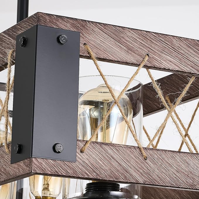 5-Light Farmhouse Chandelier for Dining Room, Rustic Wood Color Kitchen Island Lighting, Adjustable Height Chandelier for Kitchen