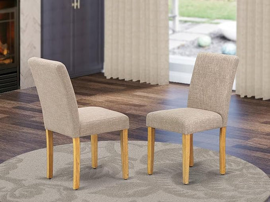 East West Furniture ABP4T04 Abbott Parson Dining Chairs - Light Tan Linen Fabric Padded Dinette Chairs, Set of 2, Oak