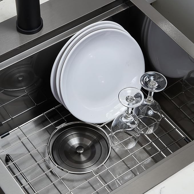 HOTIS 18 x 18 Inch Black Bar Sink Drop in Workstation Sink, Handmade Stainless Steel Wet Bar Sinks,Topmount RV Small Kitchen Sinks, Outdoor Single Bowl with Dish Grid & Drain & Cutting Board