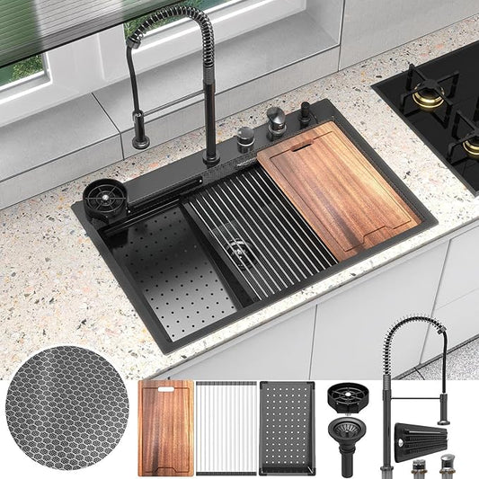 33x22 inch Waterfall Kitchen Sink Metal Black -Feibus 33inch Drop In Sink with Faucet Combo Double Step Workstation16 Gauge Multifunctional Stainless Steel Single Bowl