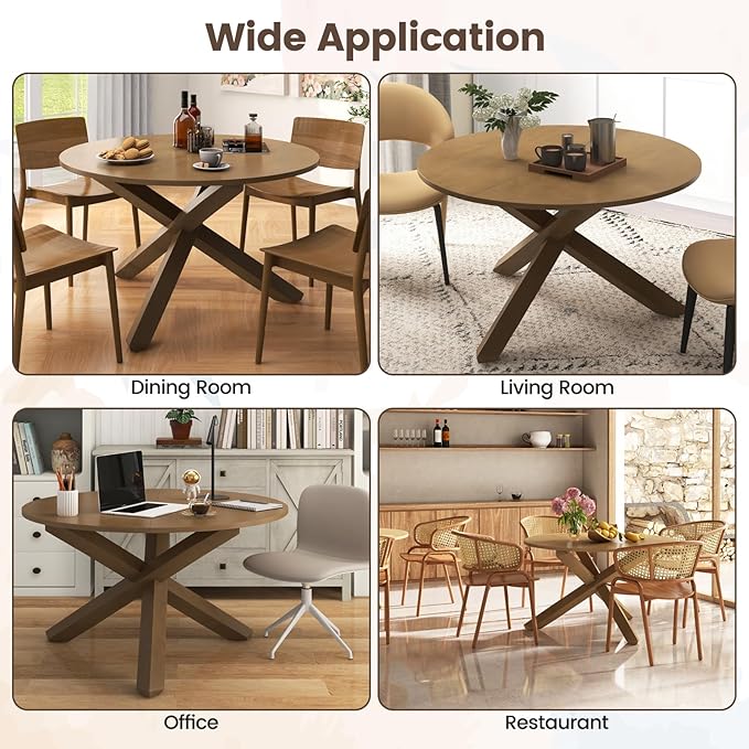 Giantex 47" Round Dining Table with Intersecting Acacia Wood Legs, Adjustable Foot Pads, 500Lbs Capacity, Mid Century Kitchen Table for 4-6 Person Dinner, Dinette, Dining Room, Restaurant