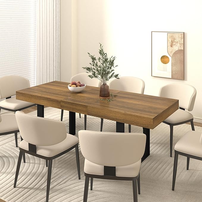 63" - 79" Extendable Dining Room Table, Expandable Kitchen Table for 6 to 10 People, Modern Wood Conference Table, Large Farmhouse Dining Table(Brown & Black, Double-U Base)