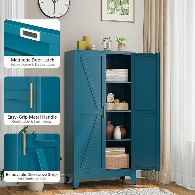 Bevivog 61" Farmhouse Metal Storage Cabinet with 2 Doors and 3 Adjustable Shelves, Tall Bathroom Cabinet Freestanding, Blue Metal Pantry Cabinets for Kitchen, Living Room, Home Office