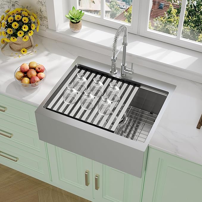 Rhbamoa 28 Inch Stainless Steel Farmhouse Sink,16-Gauge T304 Stainless Steel Small Farmhouse Sinks,10 Inch Deep Single Bowl Apron Front Farm Sink with All Accessories