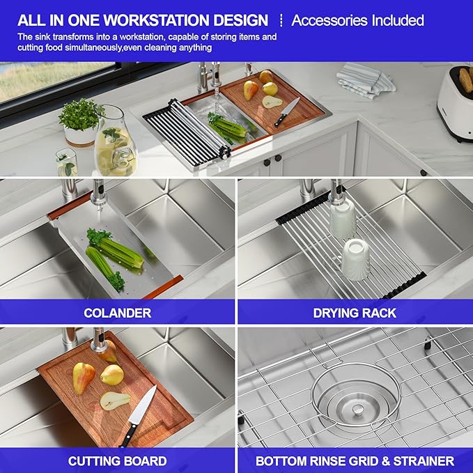 30 x 22 Drop In Kitchen Sink - 30 Inch Stainless Steel Topmount Kitchen Sink Workstation 16 Gauge Single Bowl Above Counter Handmade Basin