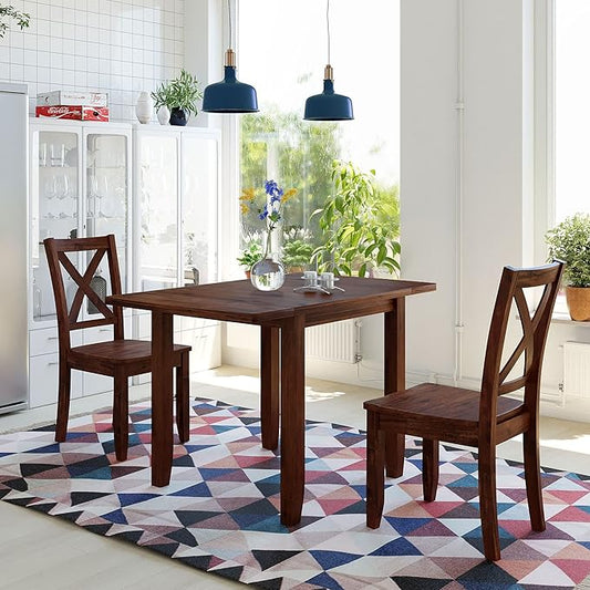 3-Piece Farmhouse Dining Table Set, Wood Drop Leaf Breakfast Nook Dining Table Set with 2 X-Back Chairs for Small Places