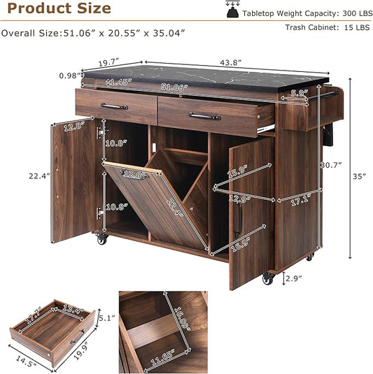 51.06" Mobile Kitchen Drop Leaf and Multipurpose Tilt-out Trash Can,Storage Cabinet w/Spice, Towel Rack & Drawer & Adjustable Shelf,Rolling Islands on Wheels, 50.25", Walnut Brown