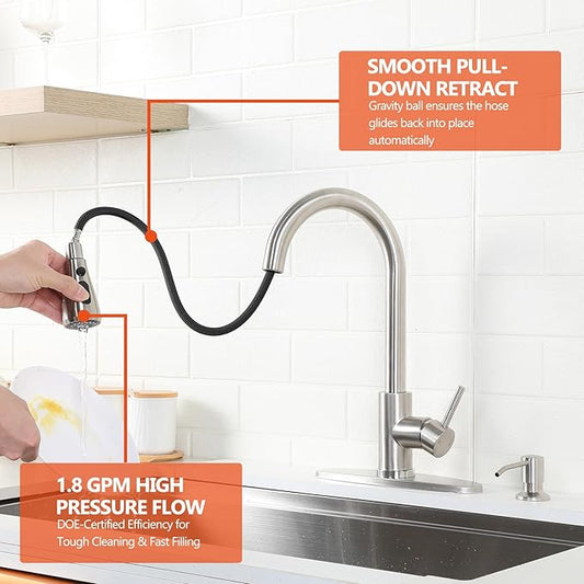 HOTIS Kitchen Faucet with Soap Dispenser, Brushed Nickel Kitchen Faucet with Pull Down Sprayer 3 Modes, High Arc Single Handle RV Bar Sink Faucets for Farmhouse RV Laundry Camper, HT-SLYT004L-S-1