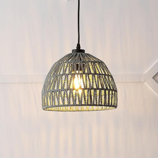 JONATHAN Y 10.25" Gray Modern Bohemian Woven Rope LED Pendant Light Fixture, Adjustable Dome Ceiling Lamp for Kitchen Island, Rope Shade, Coastal Farmhouse Decor (JYL6513D)