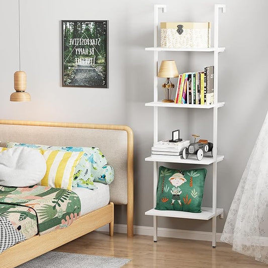 Wolawu Ladder Shelf 4 Tiers Metal Industrial Bookshelf,White Wooden Tall Open Storage Rack and Display Shelves,Wall Mount Wide Bookcase for Home Office Bedroom,Small