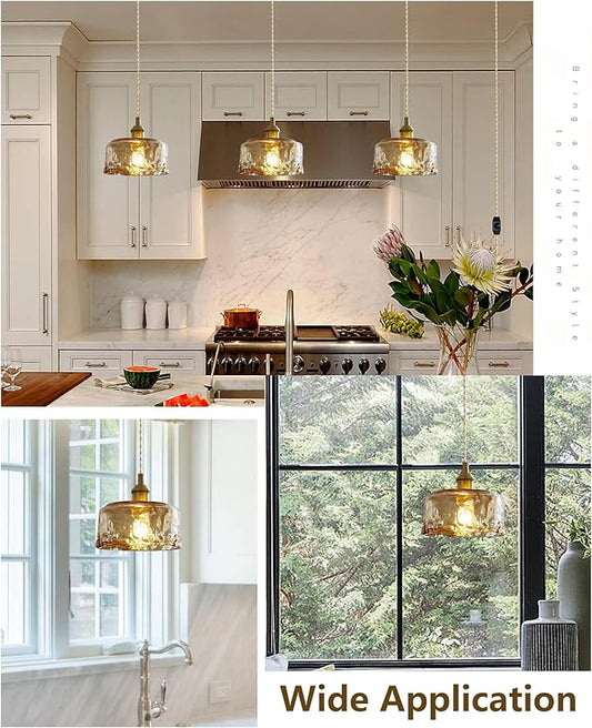 Glass Pendant Lights Kitchen Island Plug in Pendant Light with Dimmable Switch Amber Glass Lampshade for Bedside Dining Room Foyer, Brass