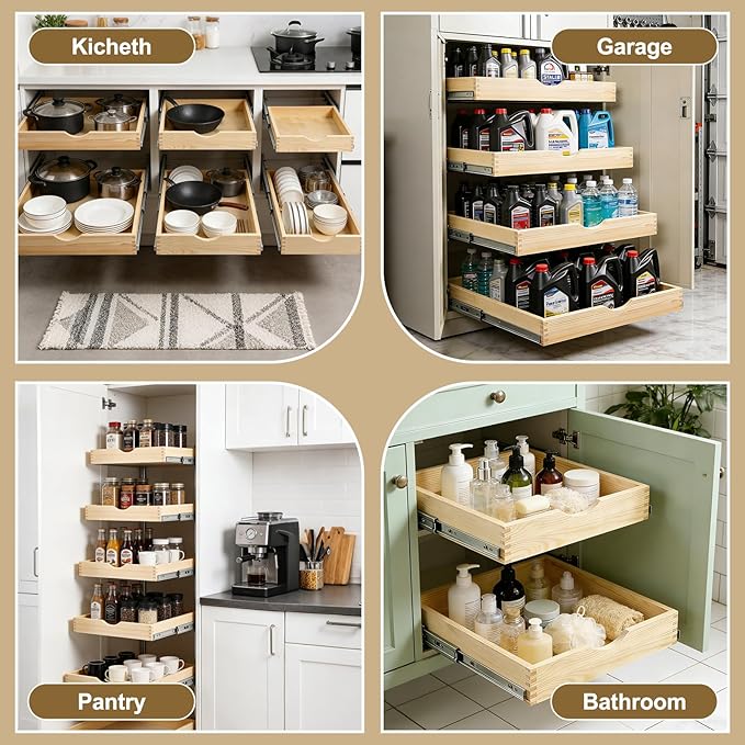 20" Pull Out Cabinet Drawer (Fits 21" Cabinet Opening), Wood Slide Out Cabinet Shelf Organizer with Ball Bearing Slides, Clear Lacquer Finish, Heavy Duty Kitchen Cabinet Pull Out Shelves