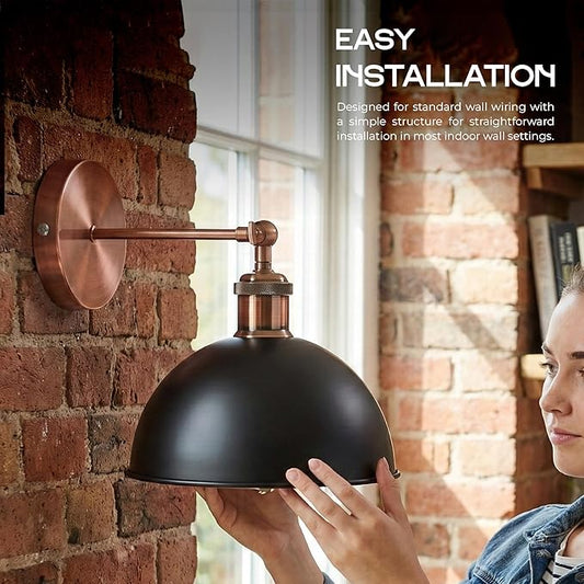 Dome Metal Wall Sconce, 180° Adjustable Industrial Wall Lamp for Bedside, Study, Kitchen, and Living Room Décor. (Black_)