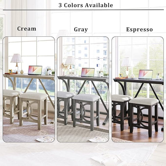 Polibi 3-Piece Farmhouse Counter Height Dining Set, Wood Kitchen Dining Table Set with USB Port and 2 Upholstered Stools for Small Places (Milky White)