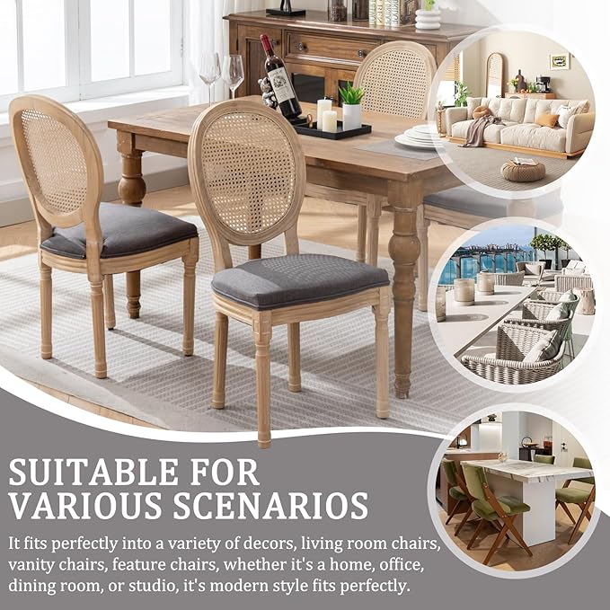 Linen Wooden Dining Chair Set of 6, Upholstered Farmhouse Dining Chair with Solid Wood Frame, Kitchen & Dining Room Chairs for Living Room, Restaurant, Bedroom (Gray-Rattan, Set of 6)