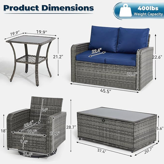 5 Pieces Outdoor Furniture Set with Swivel Chairs, Wicker Patio Furniture for Porch Deck Bistro Lawn Garden Backyard Poolside(Blue)