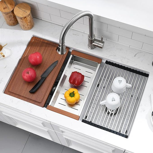 33x19 White Double Bowl Kitchen Sink Undermount - 33 Inch White Undermount Granite Kitchen Sink, Double Bowl Granite Sink Workstation with Accessories