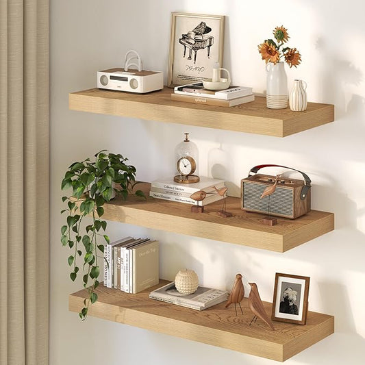 Fun Memories 12 Inch Deep Oak Floating Shelf, 24 x 12 Rustic Wood Wall Shelf for Books, 2" Thick Deep Floating Shelf for Storage & Display in Kitchen, Living Room, Bedroom, 2 Packs