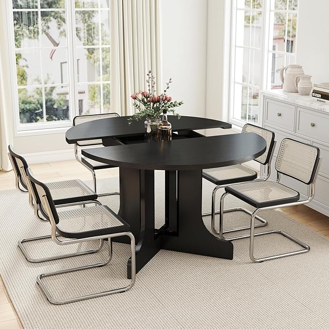 Zevemomo 43"-59" Extendable Dining Room Table for 4-6, Expandable Round Dining Table, Oval Tabletop with Trestle X-Shaped Base & Metal Track for Office, Living Room-Black