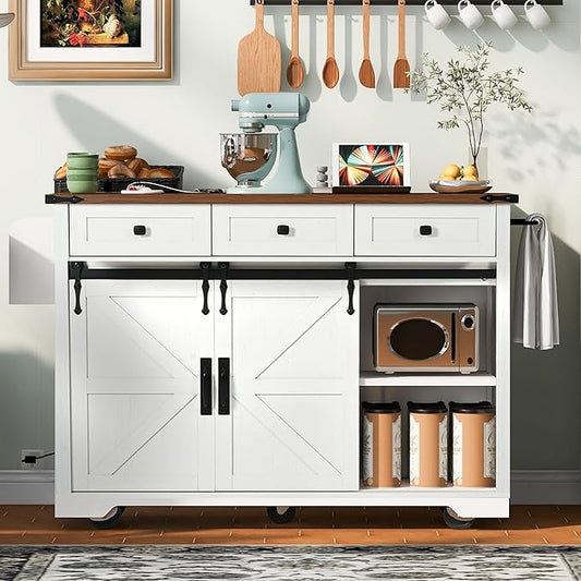 Bellemave 53.7" Farmhouse Kitchen Island cart with Charging Station, Rolling Kitchen Island Table with Drop-Leaf, 3 Drawers, Barn Doors, Large, White